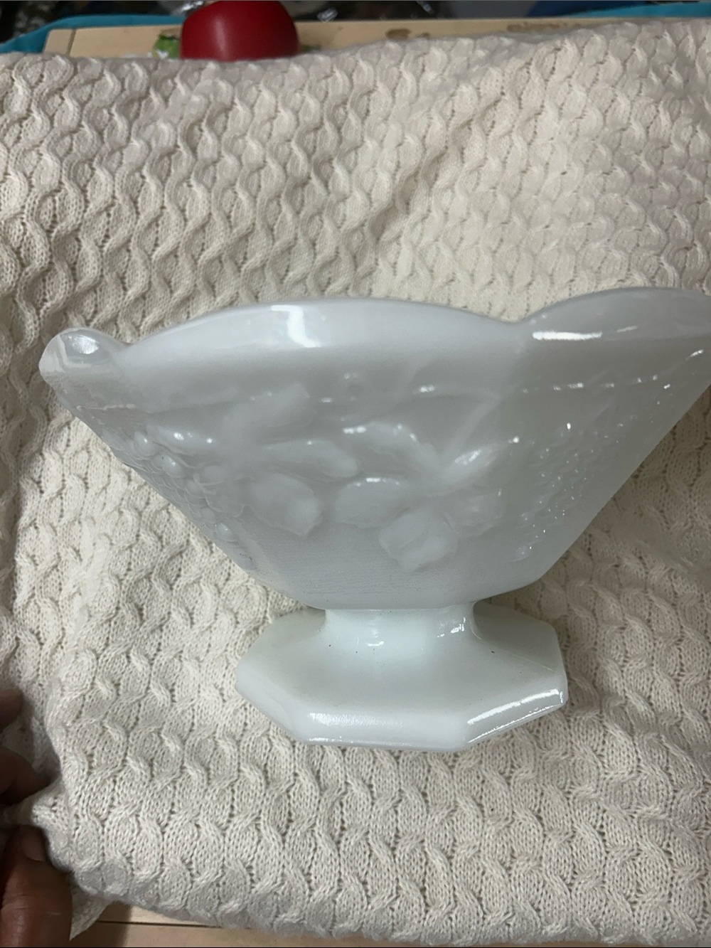 White Milk Glass Pedestal Bowl with Floral Relief